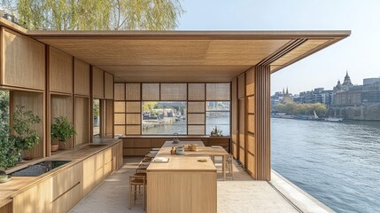 Poster - Modern wooden kitchen with river view and natural light.