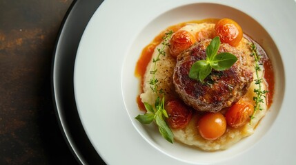 Canvas Print - Delicious homemade meatballs topped with cherry tomatoes on creamy mashed potatoes garnished with fresh herbs for a gourmet dining experience