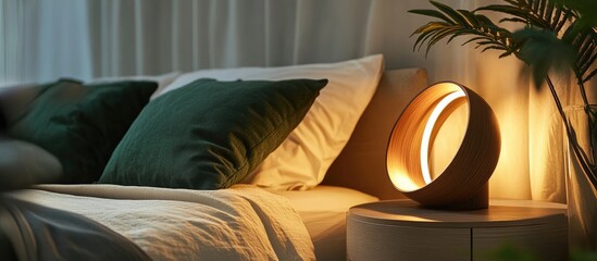 Wall Mural - contemporary bedside lamp casting warm light on cozy bed accented with green pillows enhancing moder