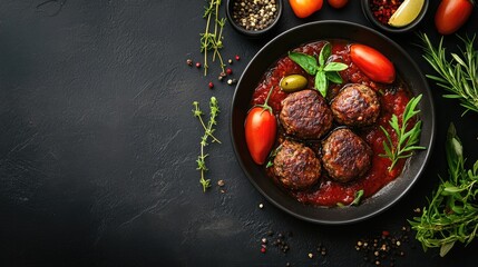 Wall Mural - Delicious homemade meatballs in rich tomato sauce with fresh veggies and herbs on black slate background