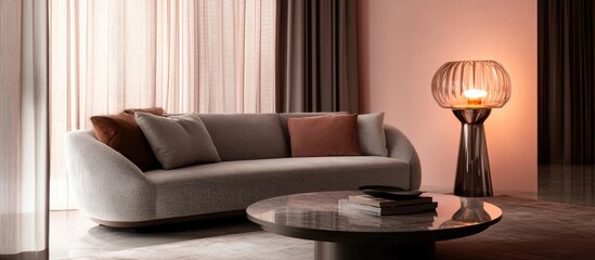 Wall Mural - stylish modern living room with grey sofa elegant table and contemporary lamp against a soft pink ba