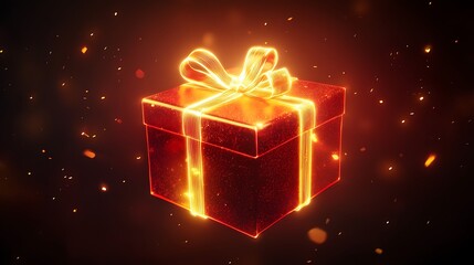 Poster - A glowing neon gift box icon in bright red and gold, with glowing ribbons and a soft light radiating from the box, symbolizing presents and festive occasions, glowing against a dark background