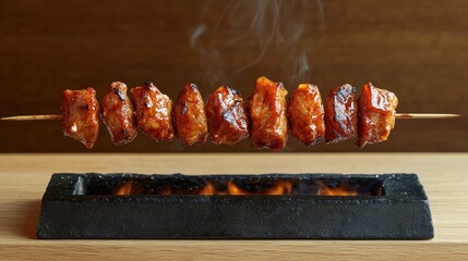 Poster - Grilled meat skewer with smoky aroma presented on a rustic wooden board background chef's special dish food photography