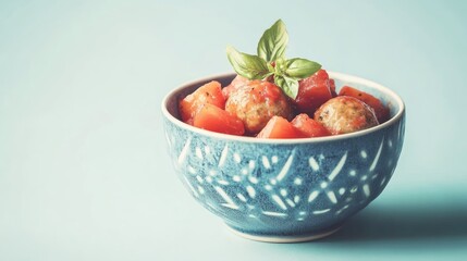 Wall Mural - Delicious homemade meatballs in rich tomato sauce garnished with fresh basil served in a decorative blue bowl on a pastel background