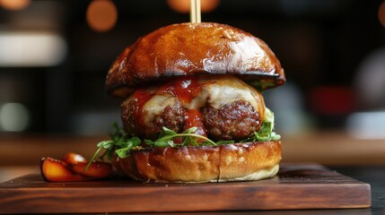 Canvas Print - Savory meatball sandwich with melted cheese and fresh greens served on a toasted bun, showcasing a delicious gourmet recipe.