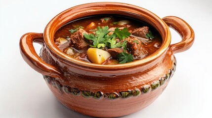 Wall Mural - Hearty meat stew in a traditional ceramic pot with vegetables and herbs perfect for comfort food imagery