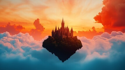 Sticker - A majestic castle floats above vibrant clouds at sunset, creating a dreamlike, enchanting atmosphere.