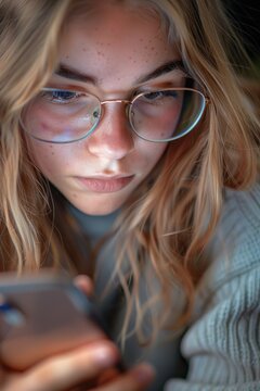 A young woman in glasses looking at her phone, with a thoughtful expression.