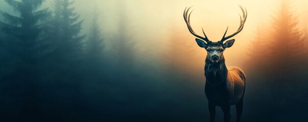 Wall Mural - A majestic deer stands in a misty forest, illuminated by soft light, creating a serene and mysterious atmosphere.