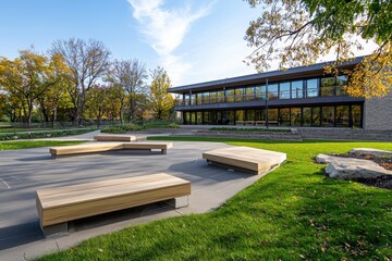 Poster - Collaborative learning space for outdoor education and recreational activities in a public park green environment inviting community gathering lively atmosphere