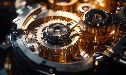 Intricate gold and silver gears in complex mechanism.