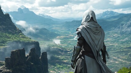 Poster - A cloaked figure gazes over a vast, mountainous landscape under a dramatic sky.