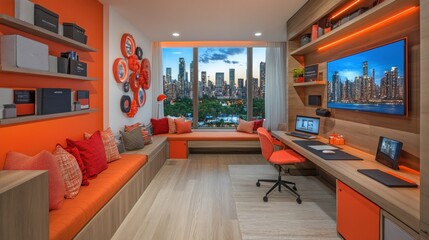 Poster - Modern office space with city view and vibrant decor.