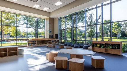 Aufkleber - Innovative collaborative learning space modern library interactive design brightly colored environment outdoor views focused on accessibility and inclusive technology