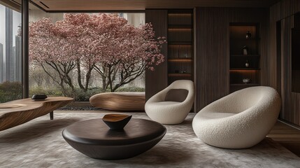 Poster - Modern interior with a view of cherry blossoms.