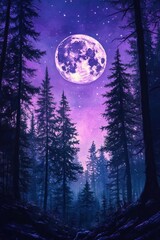 Wall Mural - Painting of a moonlit forest with purple trees
