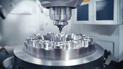 Aufkleber - A close-up of a precision CNC machine cutting a metal component in an industrial setting.