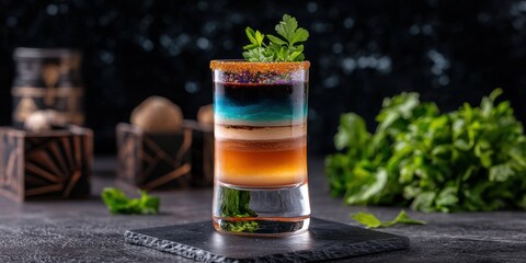 Wall Mural - Craft cocktails spirits taste concept, A vibrant layered cocktail garnished with herbs, set against a dark background, showcasing its colorful presentation and artistic appeal.