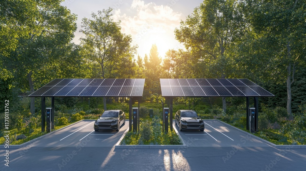 Eco-friendly electric vehicle charging station with solar panels in a ...