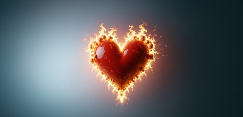 Wall Mural - Burning heart. Red heart at flame. Heart on fire emoji, icon, symbol. Red burning heart with fire on isolated background.