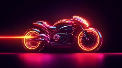 Poster - A glowing neon motorcycle icon in bright red and silver, with glowing headlights and wheels, symbolizing power and adventure, glowing against a dark backdrop