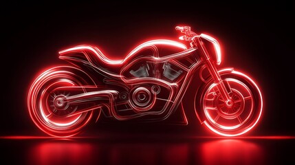Poster - A glowing neon motorcycle icon in bright red and silver, with glowing headlights and wheels, symbolizing power and adventure, glowing against a dark backdrop