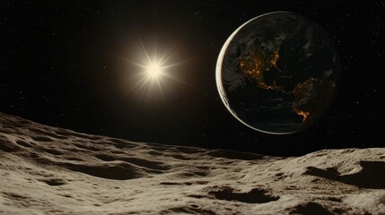 Wall Mural - earth viewed from lunar landscape at sunrise
