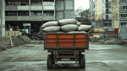 Aufkleber - A construction site with a trailer loaded with sandbags, set against a backdrop of buildings.