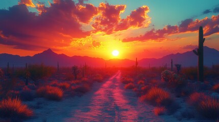 Wall Mural - Vibrant sunset over desert landscape with cacti and a dirt road.