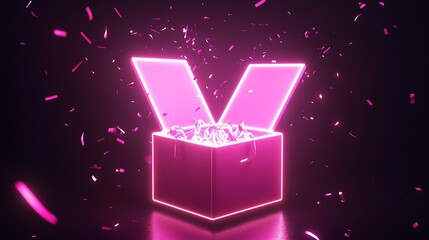 Poster - A glowing neon open gift box icon in neon pink and white, with glowing edges and confetti floating around, symbolizing surprise and celebration, glowing softly against a dark backdrop