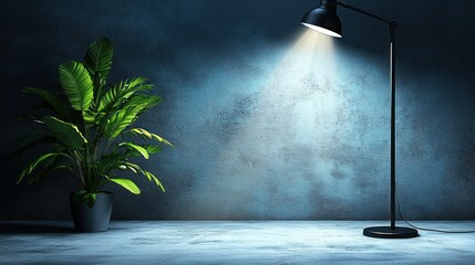 Poster - A stylish lamp illuminating a plant in a serene setting.