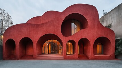Poster - Unique red architectural structure with arched openings.