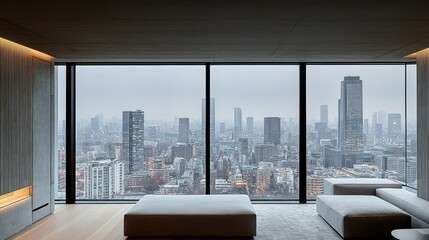 Poster - Modern interior with a city skyline view.