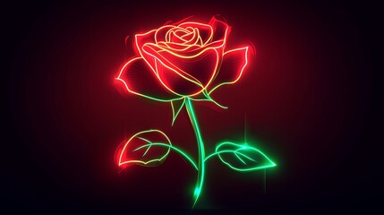 Poster - A glowing neon rose icon in vibrant red and green, with glowing petals and a soft light surrounding the stem, symbolizing love and elegance, glowing beautifully against a dark background