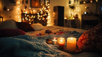 Leinwandbilder - A cozy bedroom scene with candles, soft blankets, and warm lighting for relaxation.