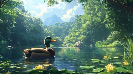 Canvas Print - Serene Mallard Duck on a Tranquil Lake in a Mountain Landscape