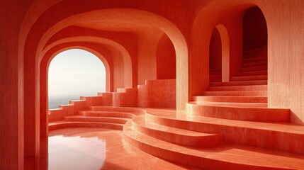 Poster - Abstract interior with red tones and curved architecture.