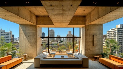 Poster - Modern interior with a view of a city landscape.