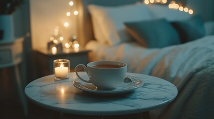 Poster - A cozy scene featuring a cup of tea on a marble table beside a softly lit bedroom.