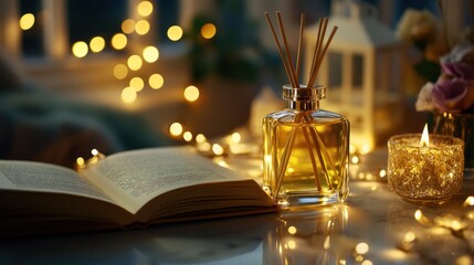 Aufkleber - A cozy scene with a diffuser, candle, and an open book, enhanced by soft lights.