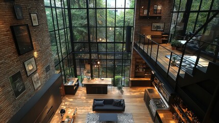Poster - Modern interior with large windows and greenery view.