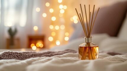 Aufkleber - A cozy setting featuring a reed diffuser on a soft blanket with warm bokeh lights in the background.