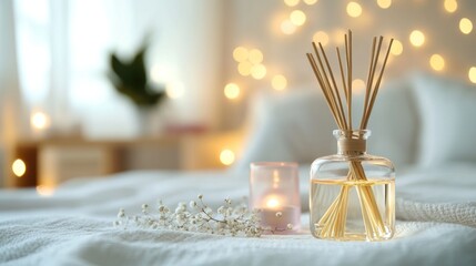 Poster - A cozy setting with a diffuser and candle, creating a relaxing atmosphere.