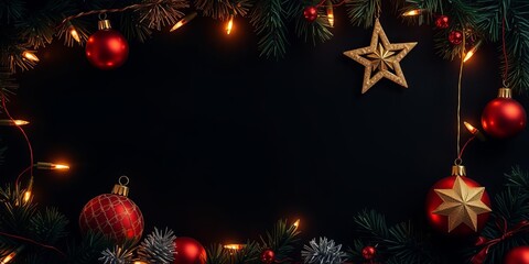 Christmas decorations including red and gold ornaments, sparkling lights, and a glittering star on a dark background, shiny, holiday