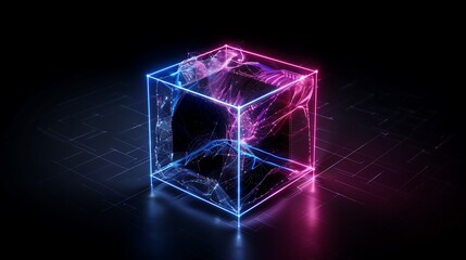 Poster - 3D holographic cube with dynamic data streams and vibrant neon lights, representing digital innovation and advanced cyber tech concepts. cyber tech background or wallpaper 