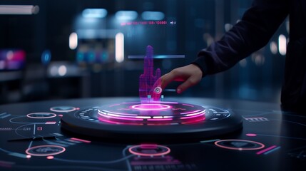 Poster - Holographic user interface showcasing real-time data analytics and futuristic technology icons floating in a dark, glowing tech environment. cyber tech background or wallpaper 