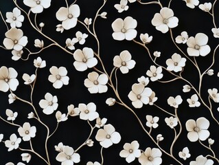 Wall Mural - black and white floral pattern with white flowers. the flowers are made of gold and silver. the flow