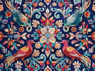 Naklejka na meble Colorful carpet with birds and flowers on it. The birds are red and the flowers are blue and yellow