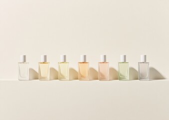 Aufkleber - Elegant Minimalist Perfume Bottles in a Neat Row on a Soft Beige Background