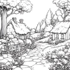 Wall Mural - Black and White Line Art Illustration of a Stone Path Winding Through a Fairytale Village with Thatched Cottages and Lush Foliage.